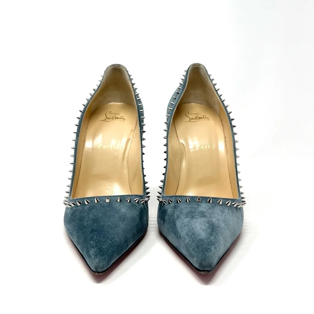 Christian Louboutin Blue Suede Anjalina Spike Studded High Heels Pumps 39.5 9.5